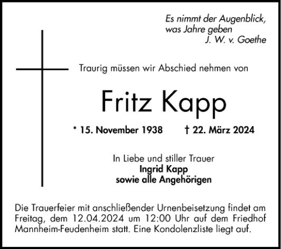 Traueranzeige von Fritz Kapp von Mannheimer Morgen