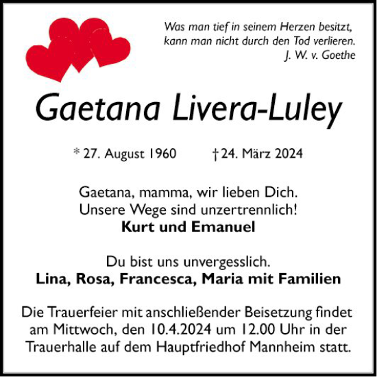 Traueranzeige von Gaetana Livera-Luley von Mannheimer Morgen