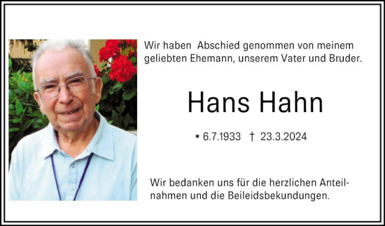 Traueranzeige von Hans Hahn von Bergsträßer Anzeiger