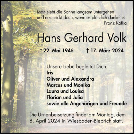 Traueranzeige von Hans Gerhard Volk von Bergsträßer Anzeiger