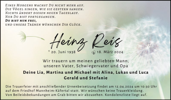 Traueranzeige von Heinz Reis von Mannheimer Morgen
