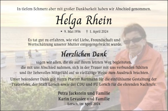Traueranzeige von Helga Rhein von Bergsträßer Anzeiger