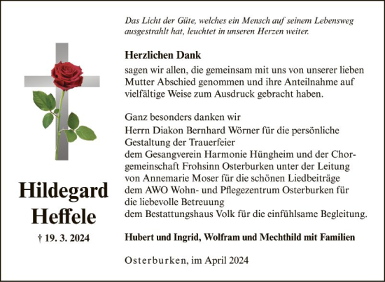 Traueranzeige von Hildegard Heffele von Fränkische Nachrichten