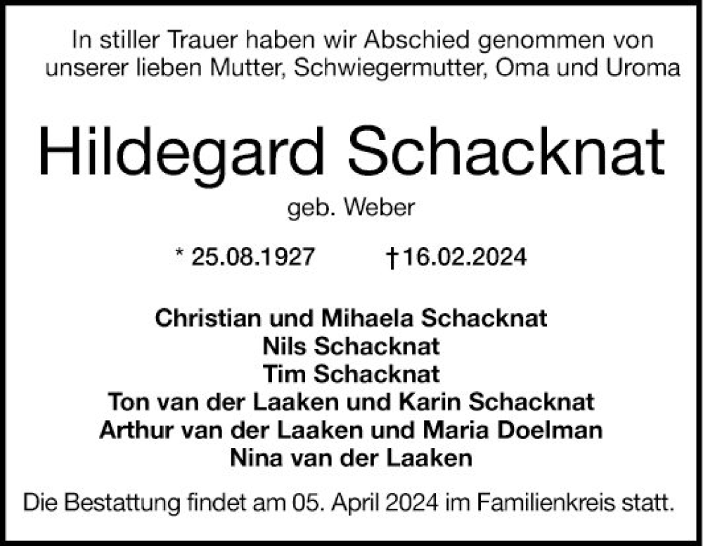  Traueranzeige für Hildegard Schacknat vom 03.04.2024 aus Mannheimer Morgen