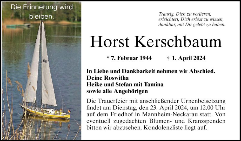  Traueranzeige für Horst Kerschbaum vom 13.04.2024 aus Mannheimer Morgen