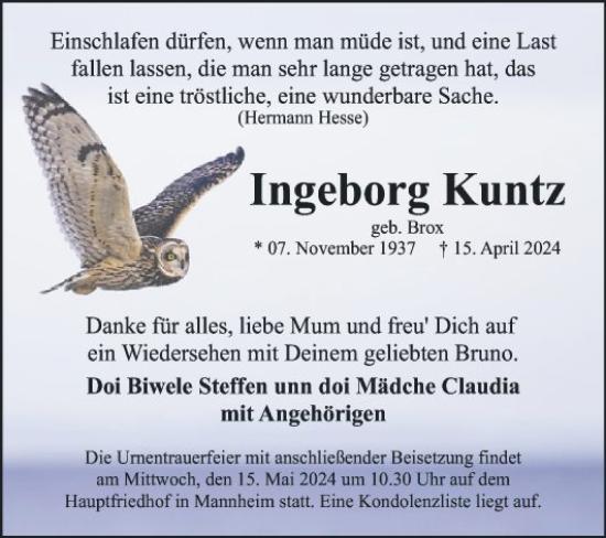 Traueranzeige von Ingeborg Kuntz von Mannheimer Morgen
