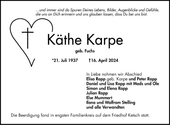 Traueranzeige von Käthe Karpe von Schwetzinger Zeitung