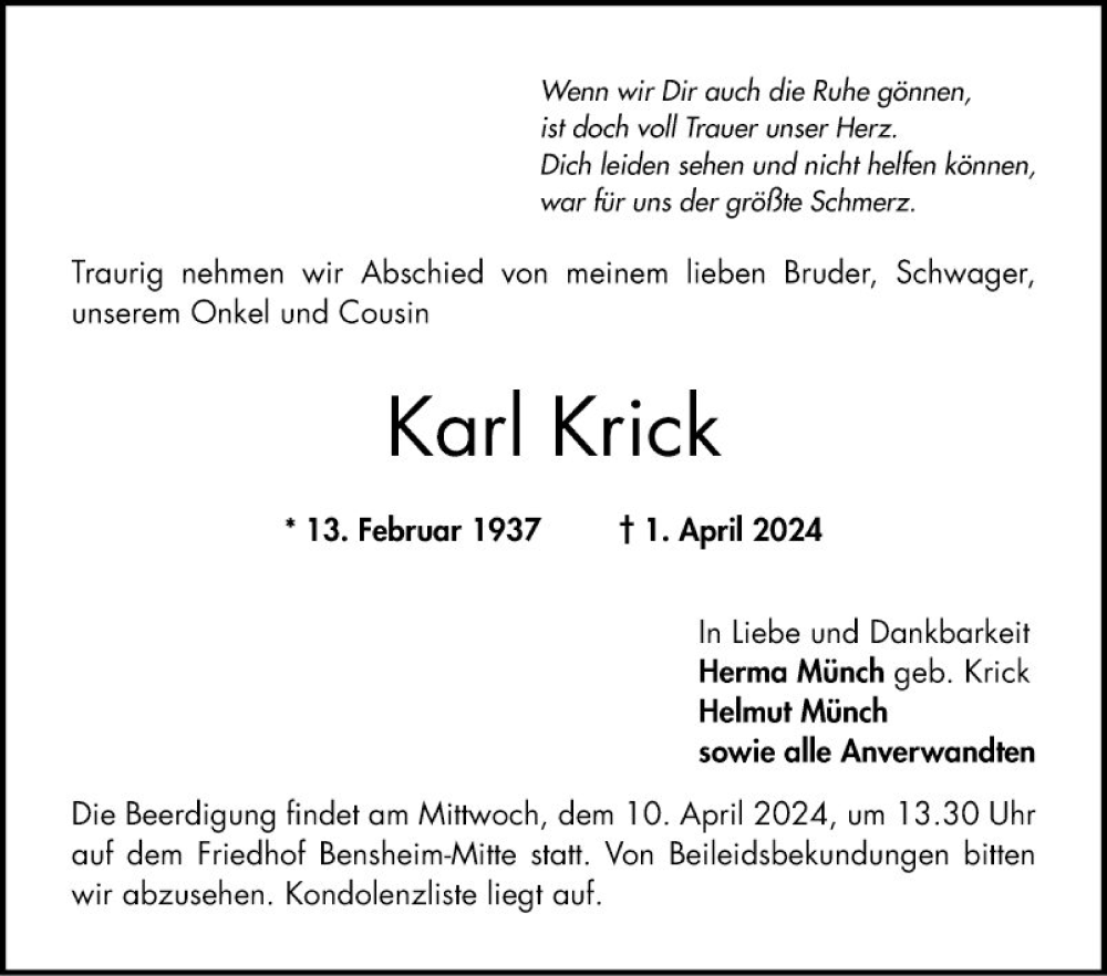 Traueranzeigen von Karl Krick | Trauerportal Ihrer Tageszeitung