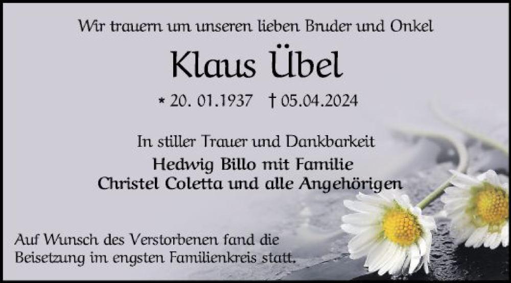  Traueranzeige für Klaus Übel vom 27.04.2024 aus Mannheimer Morgen