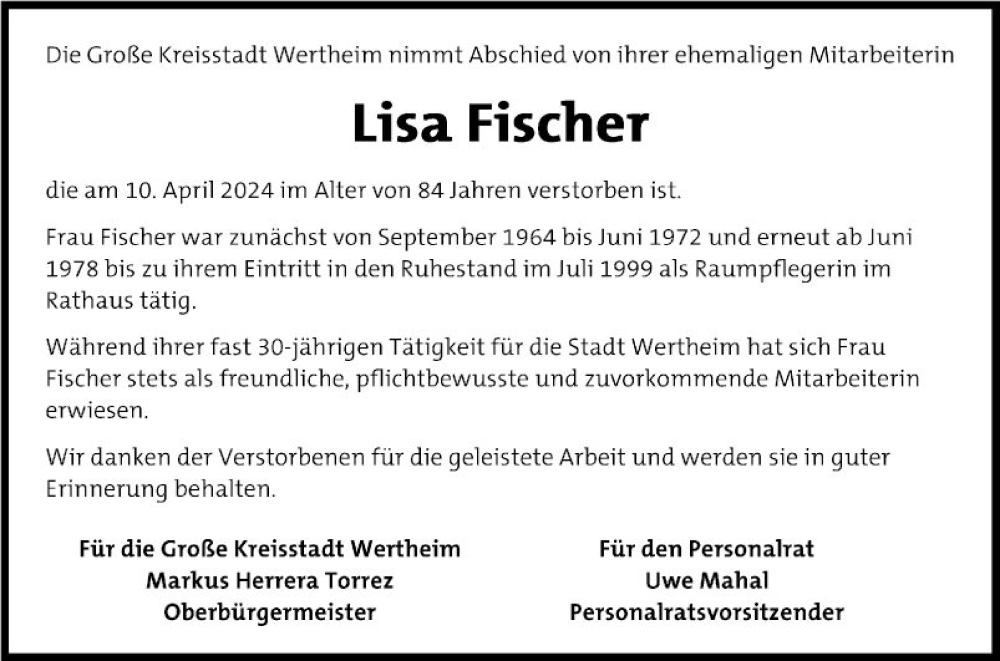  Traueranzeige für Lisa Fischer vom 24.04.2024 aus Fränkische Nachrichten
