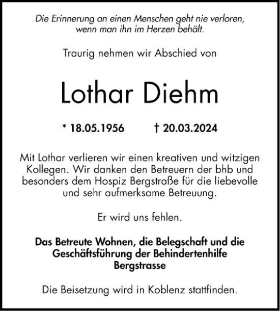 Traueranzeige von Lothar Diehm von Bergsträßer Anzeiger