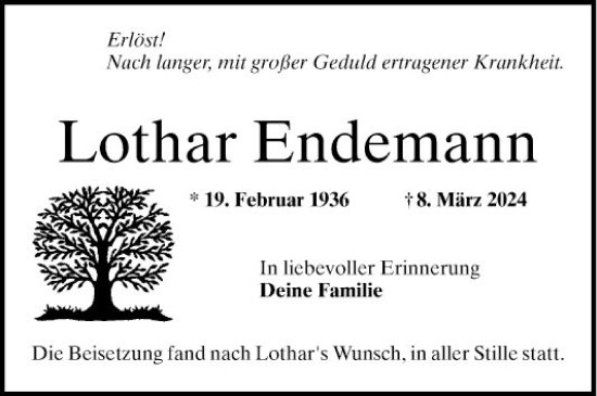 Traueranzeige von Lothar Endemann von Mannheimer Morgen