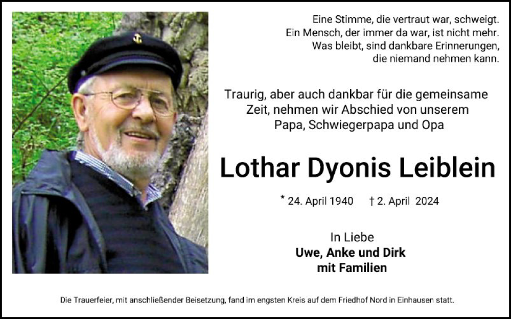  Traueranzeige für Lothar Dyonis Leiblein vom 20.04.2024 aus Bergsträßer Anzeiger