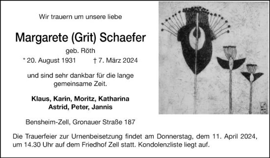 Traueranzeige von Margarete Schaefer von Bergsträßer Anzeiger