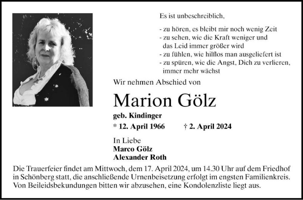  Traueranzeige für Marion Gölz vom 13.04.2024 aus Bergsträßer Anzeiger
