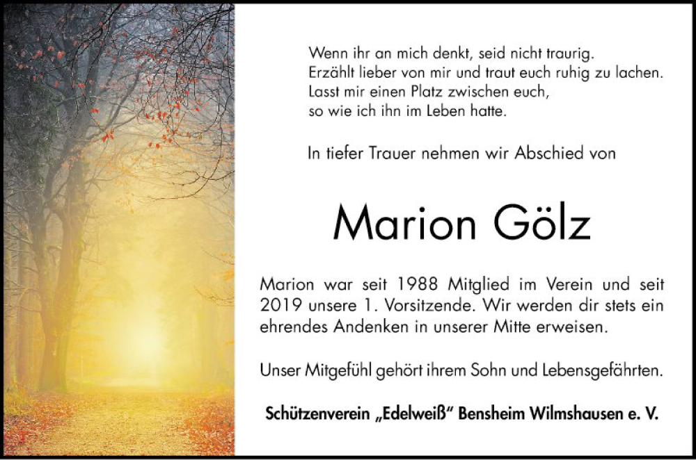  Traueranzeige für Marion Gölz vom 13.04.2024 aus Bergsträßer Anzeiger