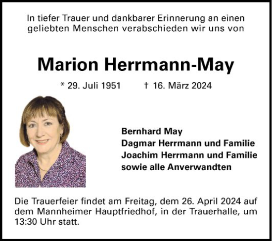 Traueranzeige von Marion Herrmann-May von Mannheimer Morgen