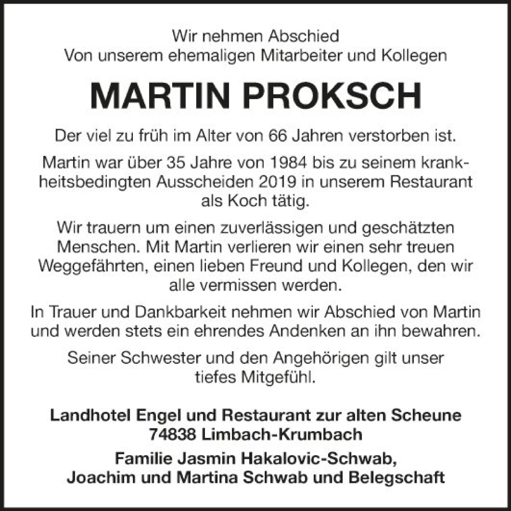  Traueranzeige für Martin Proksch vom 20.04.2024 aus Fränkische Nachrichten