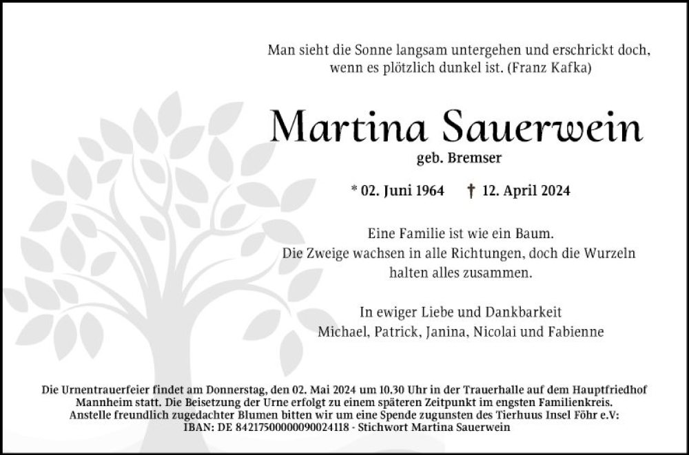  Traueranzeige für Martina Sauerwein vom 20.04.2024 aus Mannheimer Morgen