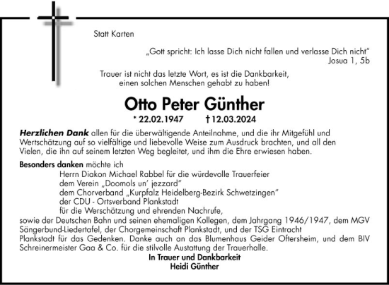 Traueranzeige von Otto Peter Günther von Schwetzinger Zeitung