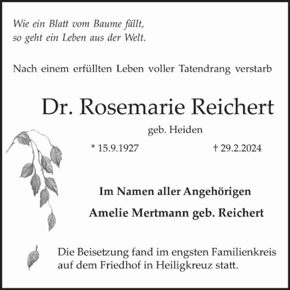  Traueranzeige für Rosemarie Reichert vom 06.04.2024 aus Mannheimer Morgen