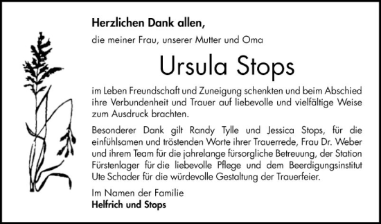 Traueranzeige von Ursula Stops von Bergsträßer Anzeiger
