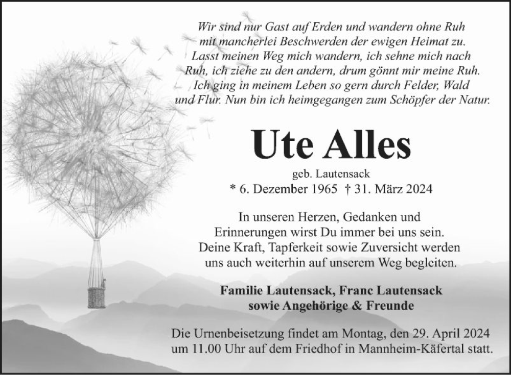  Traueranzeige für Ute Alles vom 20.04.2024 aus Mannheimer Morgen
