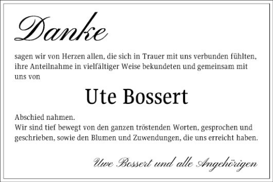 Traueranzeige von Ute Bossert von Schwetzinger Zeitung