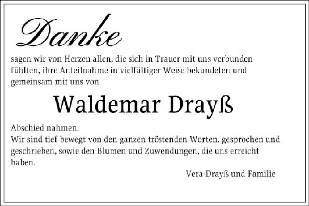  Traueranzeige für Waldemar Drayß vom 27.04.2024 aus Bergsträßer Anzeiger