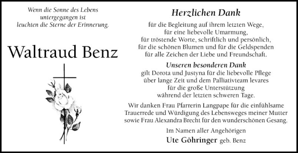  Traueranzeige für Waltraud Benz vom 27.04.2024 aus Mannheimer Morgen