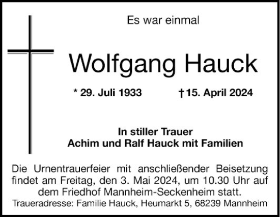 Traueranzeige von Wolfgang Hauck von Mannheimer Morgen