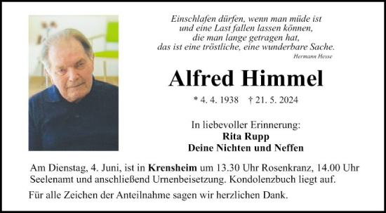 Traueranzeige von Alfred Himmel von Fränkische Nachrichten