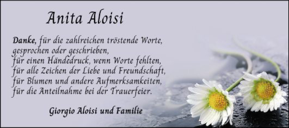  Traueranzeige für Anita Aloisi vom 11.05.2024 aus Schwetzinger Zeitung