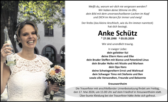 Traueranzeige von Anke Schütz von Fränkische Nachrichten