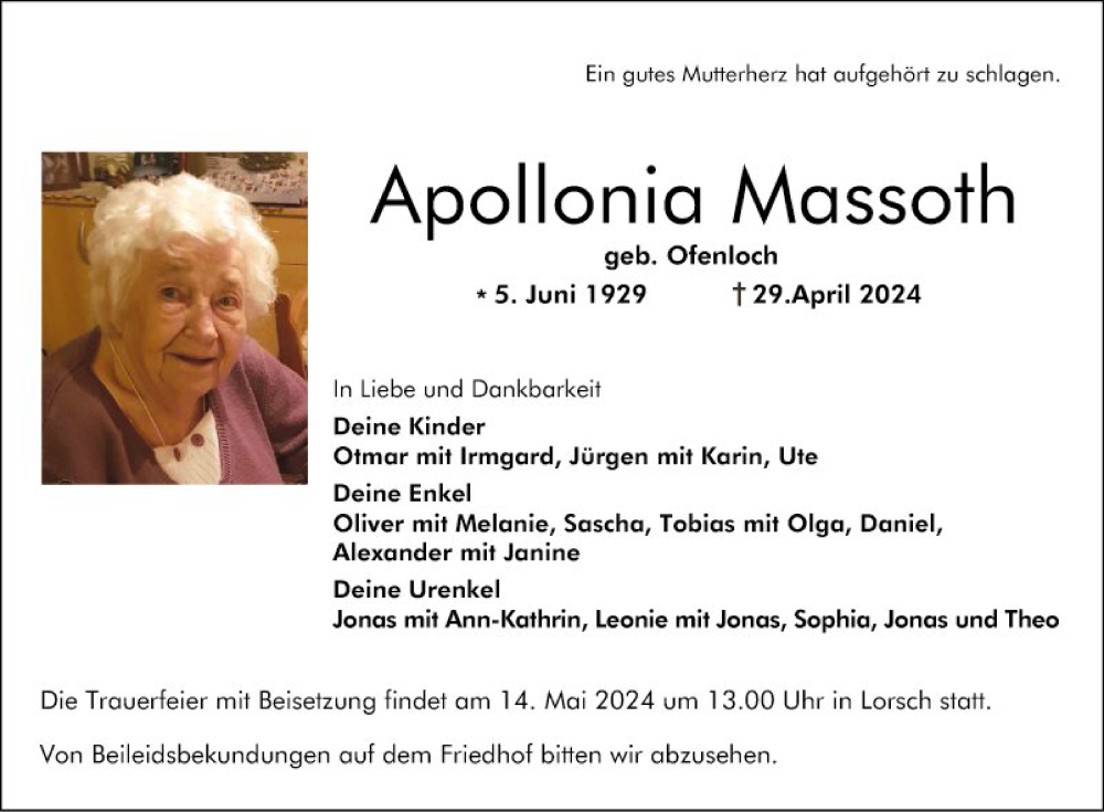  Traueranzeige für Apollonia Massoth vom 11.05.2024 aus Bergsträßer Anzeiger