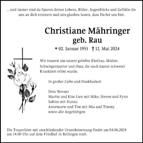 Traueranzeige von Christiane Mähringer von Schwetzinger Zeitung