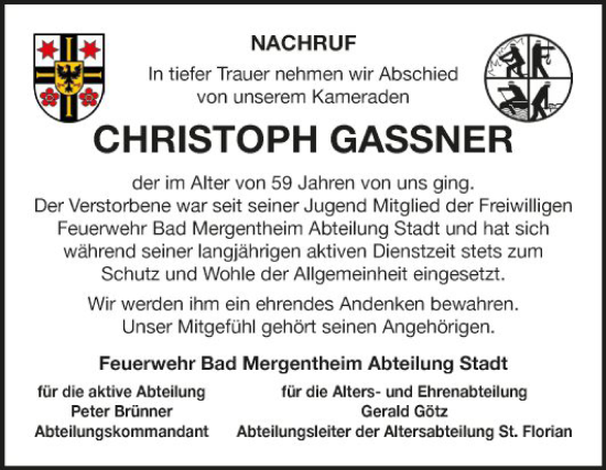 Traueranzeige von Christoph Gaßner von Fränkische Nachrichten