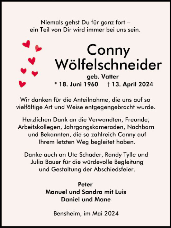 Traueranzeige von Conny Wölfeschneider von Bergsträßer Anzeiger