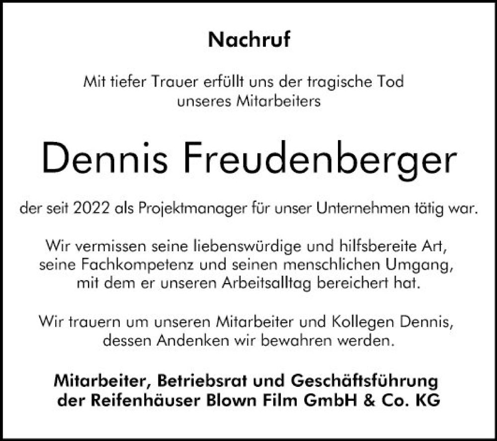  Traueranzeige für Dennis Freudenberger vom 01.06.2024 aus Bergsträßer Anzeiger