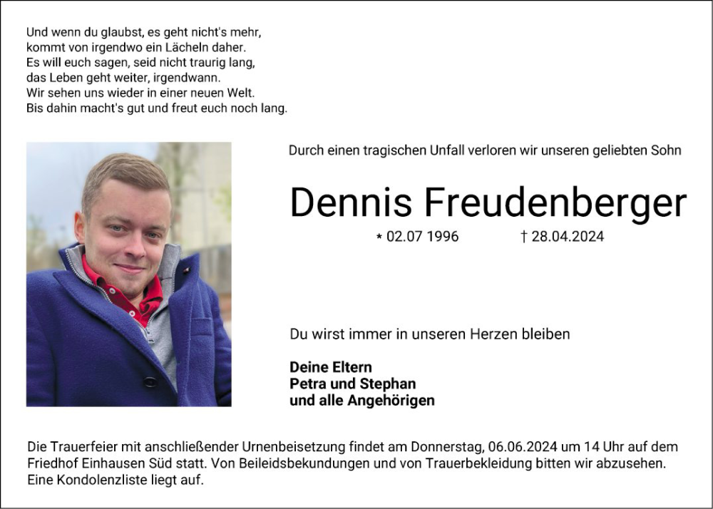  Traueranzeige für Dennis Freudenberger vom 01.06.2024 aus Bergsträßer Anzeiger