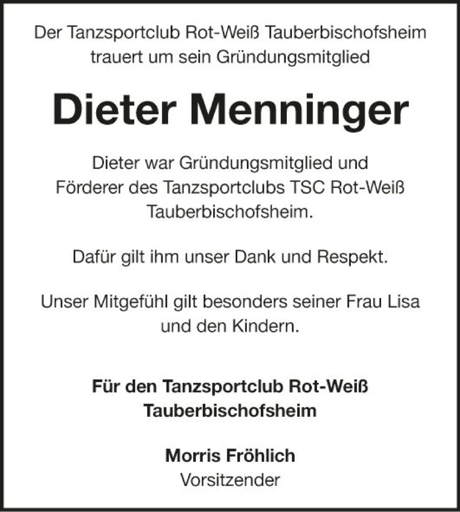  Traueranzeige für Dieter Menninger vom 02.05.2024 aus Fränkische Nachrichten