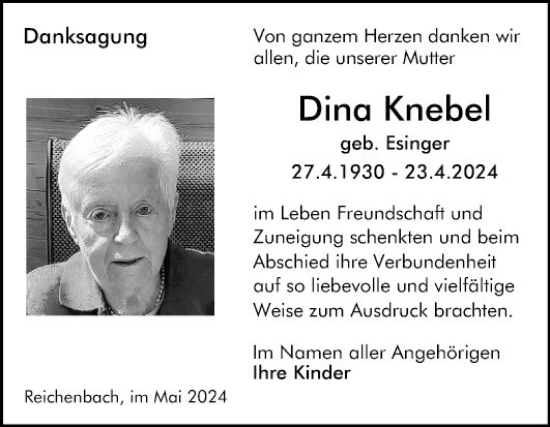 Traueranzeige von Dina Knebel von Bergsträßer Anzeiger