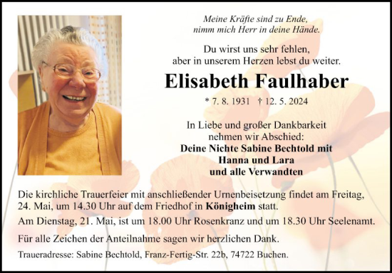 Traueranzeige von Elisabeth Faulhaber von Fränkische Nachrichten