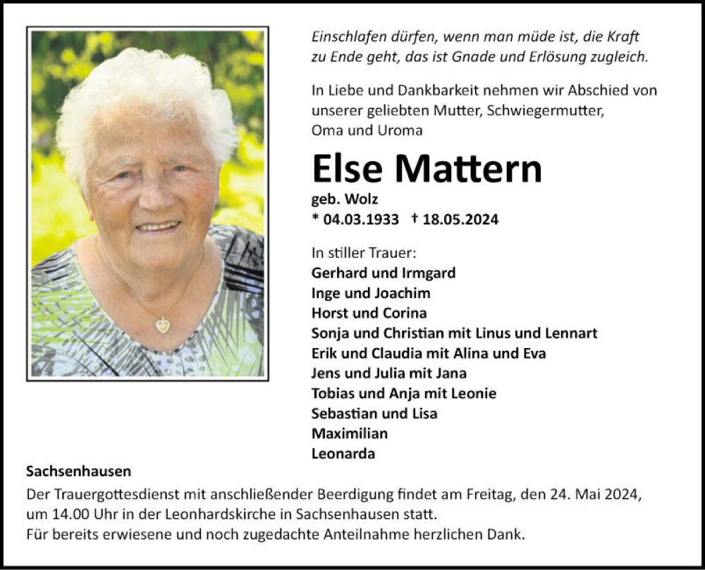  Traueranzeige für Else Mattern vom 23.05.2024 aus Fränkische Nachrichten