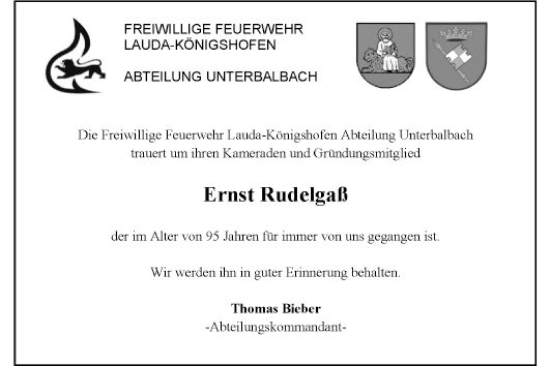 Traueranzeige von Ernst Rudelgaß von Fränkische Nachrichten