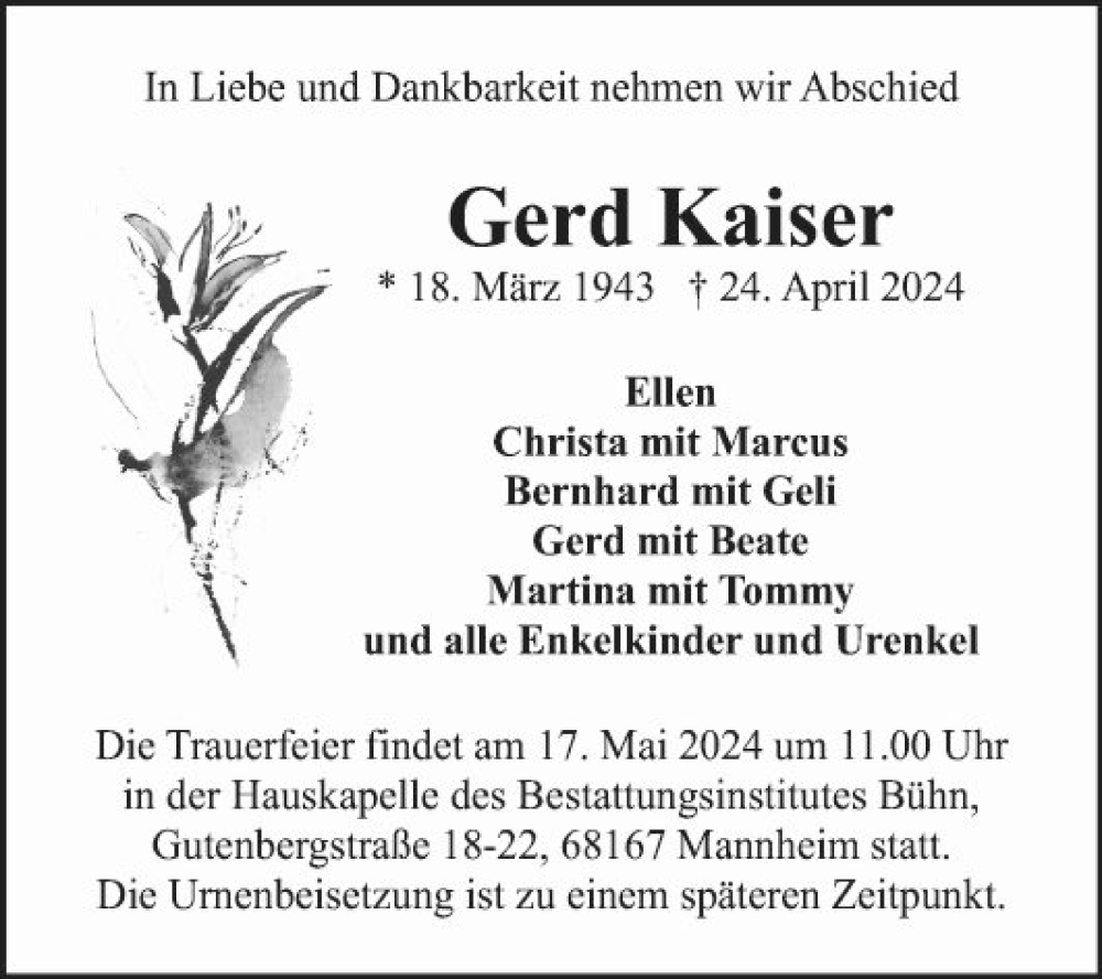  Traueranzeige für Gerd Kaiser vom 04.05.2024 aus Mannheimer Morgen
