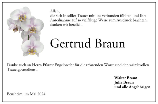 Traueranzeige von Gertrud Braun von Bergsträßer Anzeiger
