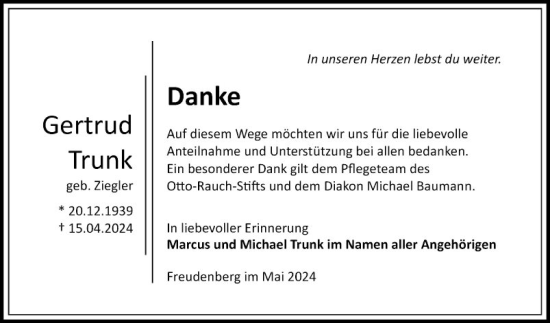 Traueranzeige von Gertrud Trunk von Fränkische Nachrichten