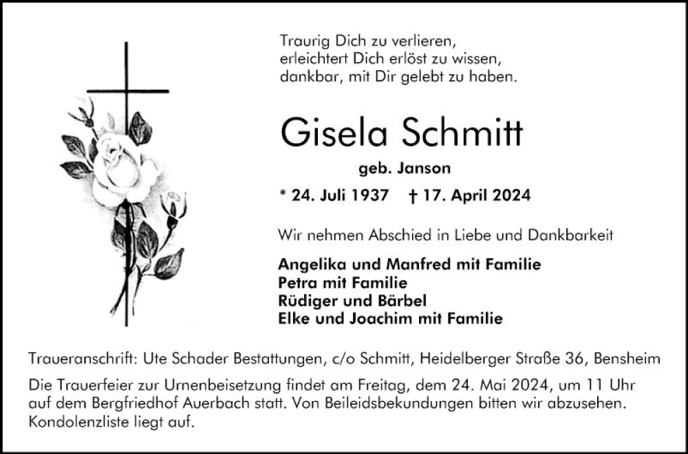  Traueranzeige für Gisela Schmitt vom 18.05.2024 aus Bergsträßer Anzeiger