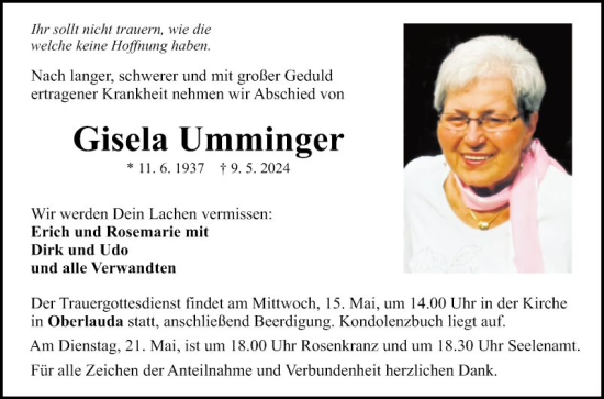 Traueranzeige von Gisela Umminger von Fränkische Nachrichten